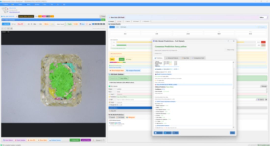 Fancy colored diamond color grading and analysis interface showing upgrade potential