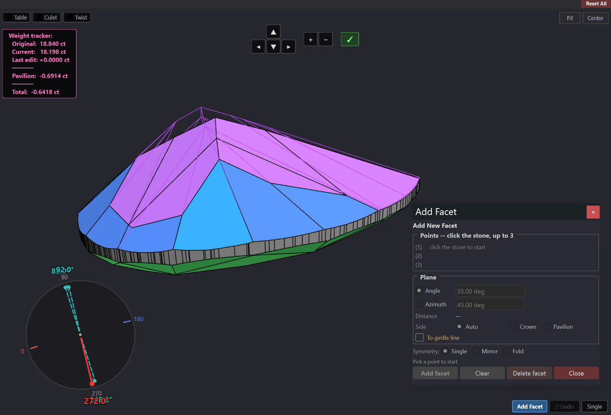 Facet editing in the 3D viewer, with the Add Facet panel