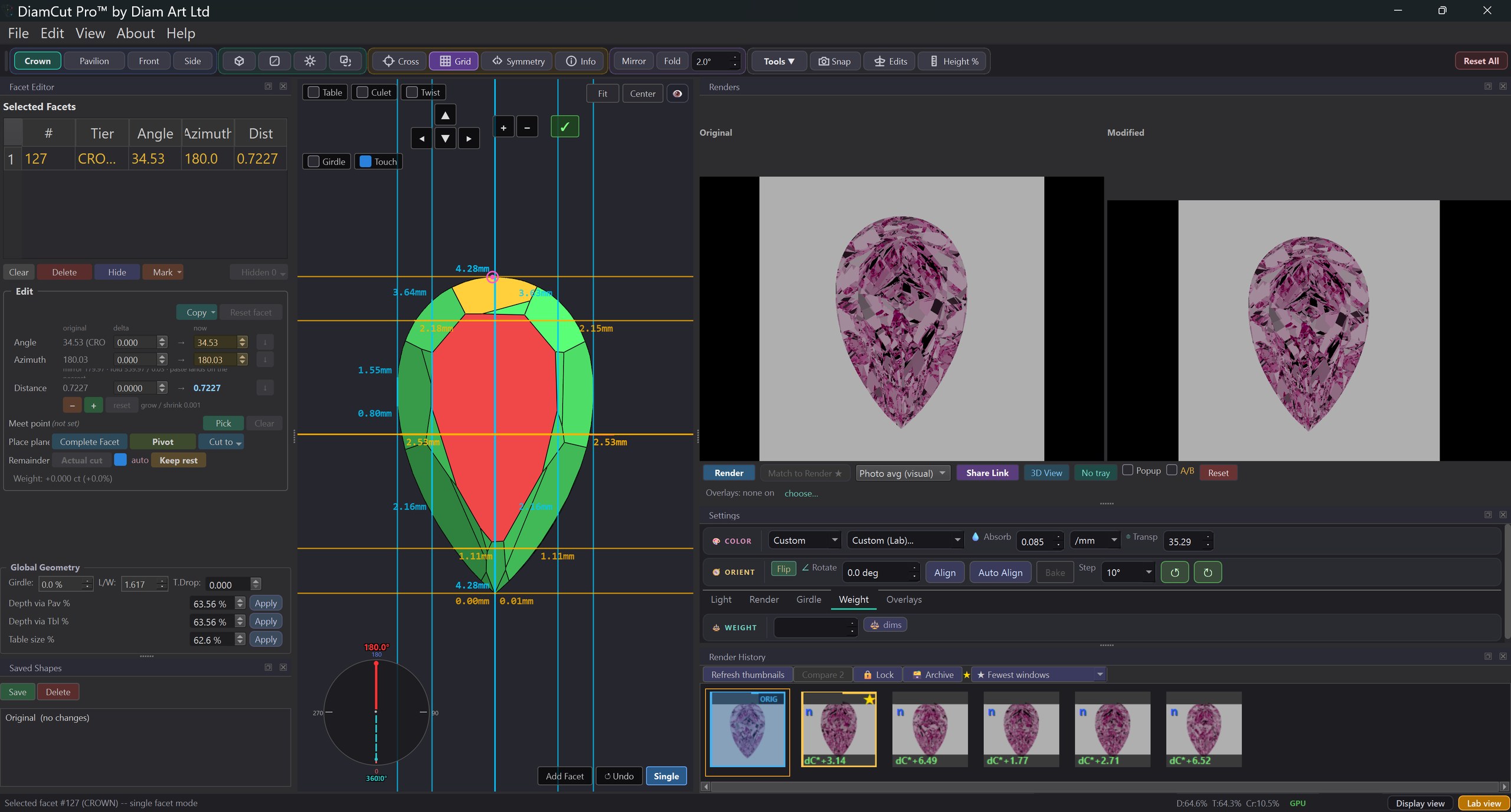DiamCut Pro editor: a pear recut in the 3D view with original and modified renders
