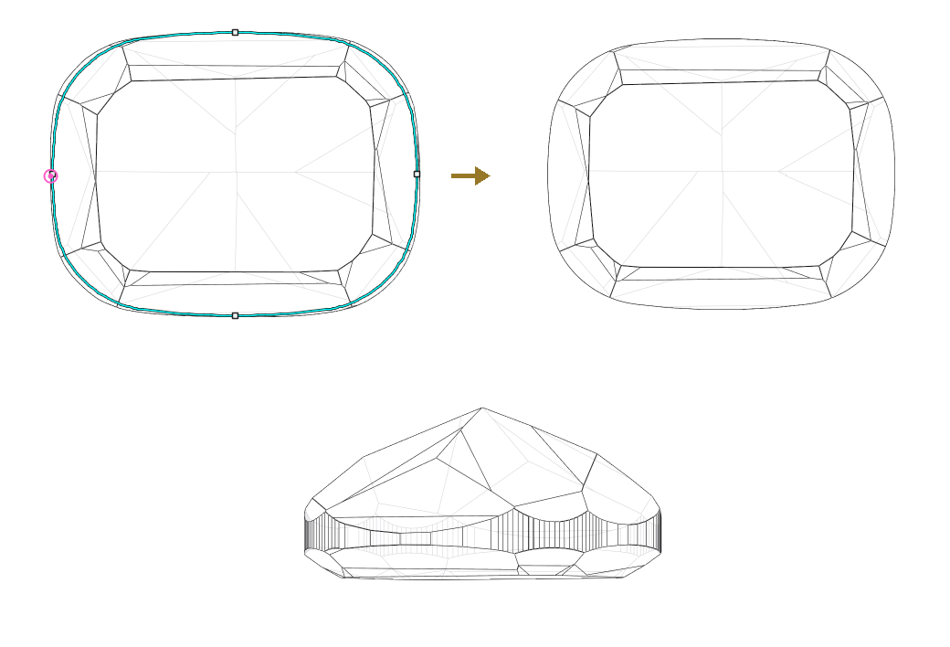 A cushion outline reworked to match its partner, the finished model from above and from the side