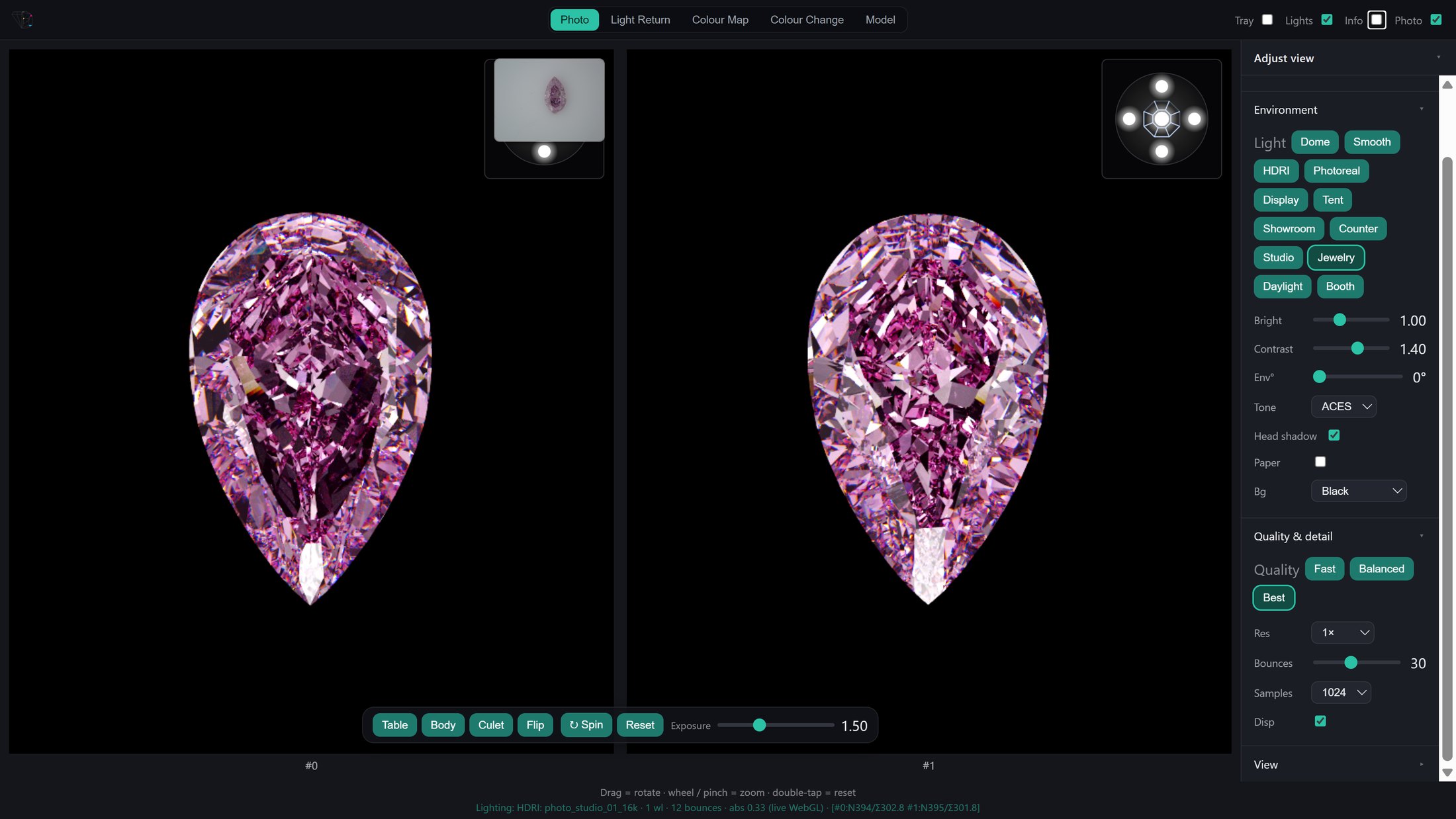 Share link: a client's browser view of a pink pear, original and modified side by side